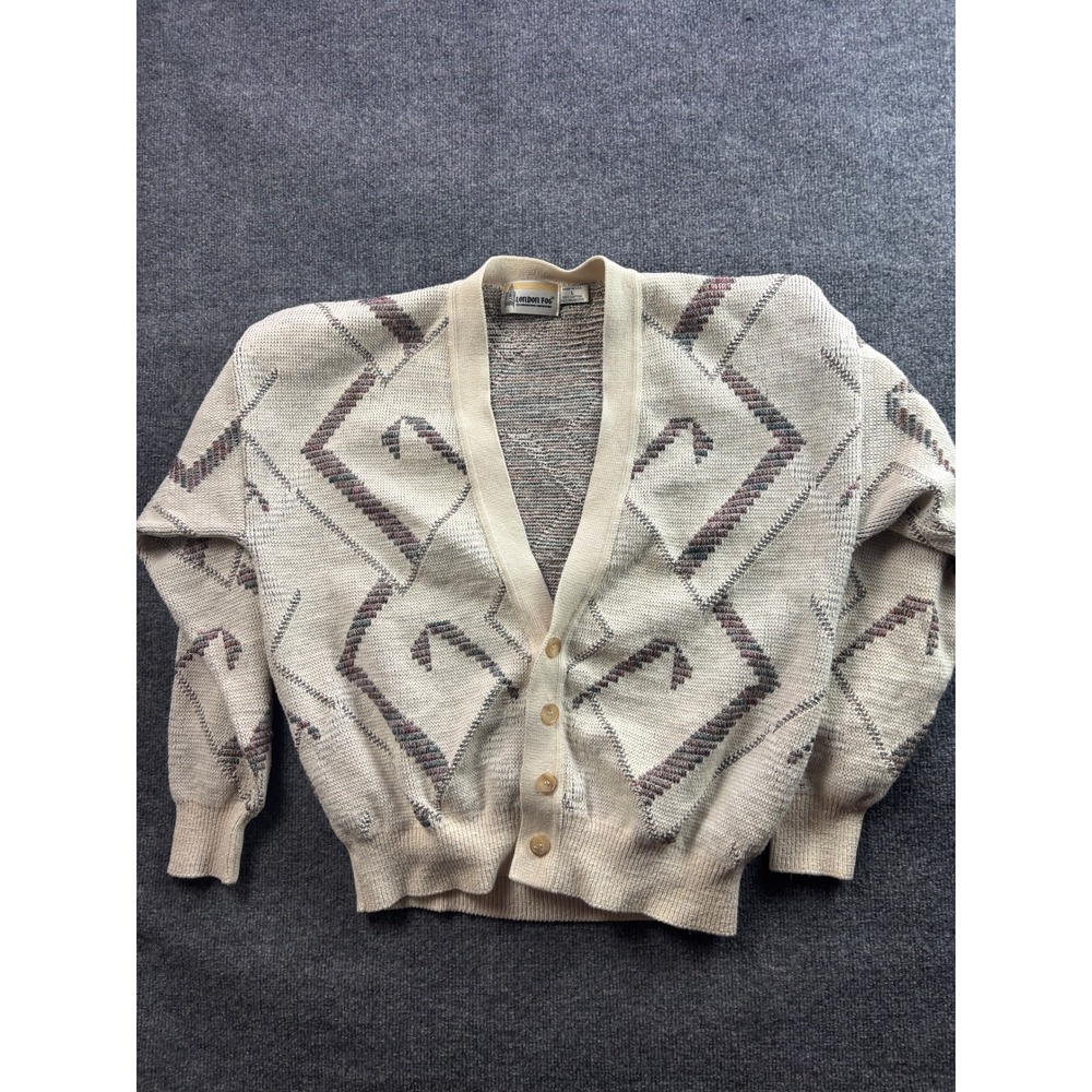 Vintage London Fog Cardigan Sweater Mens Large Beige Geometric Knit USA Dad